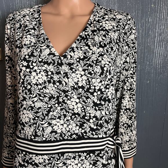 Talbots Black White Faux Wrap Knit Dress Large Striped Belt/Cuffs Slinky Stretch - Picture 2 of 6